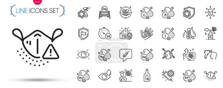 Illustration for Pack of Alcohol free, Coronavirus vaccine and Magnesium mineral line icons. Include Niacin, Health eye, Face biometrics pictogram icons. Cream, Iodine mineral, Shield signs. Vector - Royalty Free Image