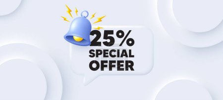 Illustration for 25 percent discount offer tag. Neumorphic background with chat speech bubble. Sale price promo sign. Special offer symbol. Discount speech message. Banner with bell. Vector - Royalty Free Image