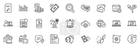 Ilustración de Los iconos del paquete como Cogwheel, Añadir bolso y Chat línea de burbujas iconos para la aplicación incluyen Calendario, Pagar dinero, Conjunto web icono delgado contorno recordatorio. Conferencias web, Gestión de tiempo, Pictograma de software. Vector - Imagen libre de derechos