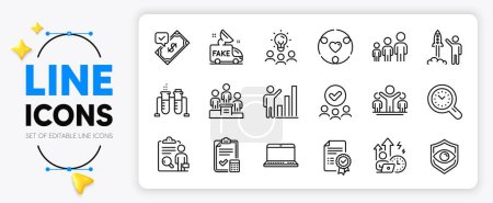 Illustration for Difficult stress, Business idea and Approved group line icons set for app include Fake news, Winner, Time management outline thin icon. Business podium, Inclusion. Yellow 3d stars with cursor. Vector - Royalty Free Image