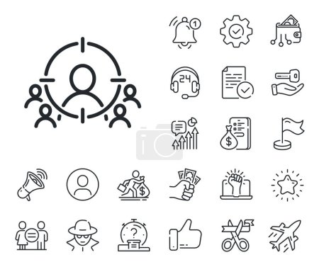 Illustration for Marketing target strategy symbol. Salaryman, gender equality and alert bell outline icons. Business targeting line icon. Aim with people sign. Business targeting line sign. Vector - Royalty Free Image