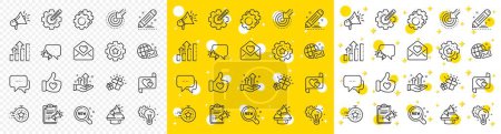 Illustration for Business strategy, Megaphone and Representative. Brand social project line icons. Influence campaign, social media marketing, brand ambassador icons. Innovation, gift, like sign. Vector - Royalty Free Image