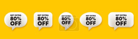 Illustration for Get Extra 80 percent off Sale. 3d chat speech bubbles set. Discount offer price sign. Special offer symbol. Save 80 percentages. Extra discount talk speech message. Talk box infographics. Vector - Royalty Free Image