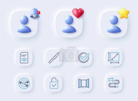 Illustration for Table knife, Lock and Travel path line icons. Placeholder with 3d bell, star, heart. Pack of Confirmed, Open door, Square area icon. Targeting, View document pictogram. For web app, printing. Vector - Royalty Free Image