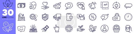 Illustration for Recovery data, Idea and Co2 line icons pack. Clock, Smartphone protection, Typewriter web icon. Smile chat, Avatar, Messenger pictogram. Fast payment, Helping hand, Electricity factory. Vector - Royalty Free Image