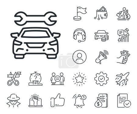 Illustration for Auto repair sign. Salaryman, gender equality and alert bell outline icons. Car service line icon. Garage service symbol. Car line sign. Spy or profile placeholder icon. Online support, strike. Vector - Royalty Free Image
