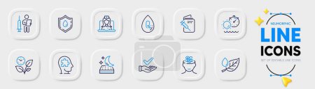 Illustration for Leaves, Leaf dew and Mental conundrum line icons for web app. Pack of Tanning time, Mattress, Blood donation pictogram icons. Telemedicine, Vaccination passport, Anxiety signs. Vector - Royalty Free Image