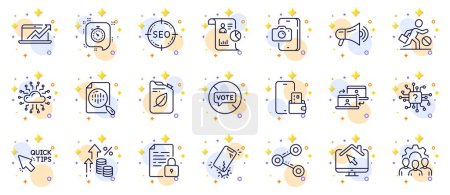 Illustration for Outline set of Analytics chart, Phone photo and Work home line icons for web app. Include Smartphone broken, Cloud network, Report pictogram icons. Team work, Quick tips, Inflation signs. Vector - Royalty Free Image