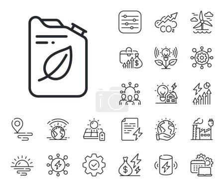 Illustration for Eco diesel fuel sign. Energy, Co2 exhaust and solar panel outline icons. Canister line icon. Kerosene or gasoline container symbol. Canister line sign. Eco electric or wind power icon. Vector - Royalty Free Image