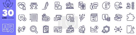 Illustration for Online chemistry, Time management and Genders line icons pack. Puzzle, Justice scales, Consulting web icon. Phone warning, Dollar rate, Voice wave pictogram. Employee, Power info, Checkbox. Vector - Royalty Free Image