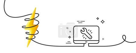 Illustration for Spanner tool line icon. Continuous one line with curl. Monitor or computer repair service sign. Fix instruments symbol. Monitor repair single outline ribbon. Loop curve with energy. Vector - Royalty Free Image