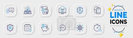 Illustration for Settings blueprint, Delivery time and Healthcare calendar line icons for web app. Pack of Cyber attack, Face biometrics, Bitcoin coin pictogram icons. Happy emotion, International globe. Vector - Royalty Free Image
