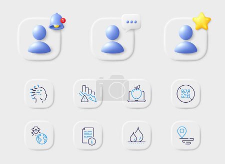 Illustration for Fraud, Artificial intelligence and Laptop line icons. Placeholder with 3d star, reminder bell, chat. Pack of Deflation, Place, Qr code icon. Manual, Waterproof pictogram. For web app, printing. Vector - Royalty Free Image