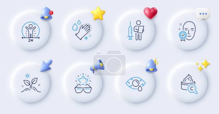 Illustration for Face verified, Grow plant and Vaccination announcement line icons. Buttons with 3d bell, chat speech, cursor. Pack of Social distance, Washing hands, Conjunctivitis eye icon. Vector - Royalty Free Image