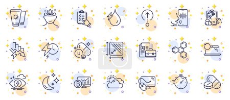 Illustration for Outline set of Checklist, Square area and Timer line icons for web app. Include Sunscreen, Saving electricity, Vitamin u pictogram icons. Moon, Charging time, Prescription drugs signs. Vector - Royalty Free Image