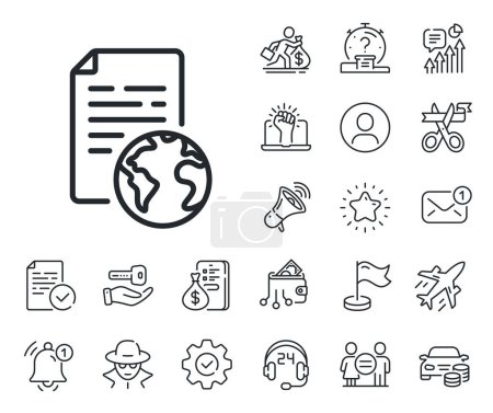 Illustration for Doc file page sign. Salaryman, gender equality and alert bell outline icons. Internet document line icon. Office note symbol. Internet document line sign. Spy or profile placeholder icon. Vector - Royalty Free Image
