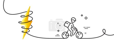 Téléchargez les illustrations : Icône de ligne de vélo livraison. Continu une ligne avec boucle. Panneau de messager à vélo. Symbole de transport urbain. Ruban à contour unique vélo de livraison. Courbe de boucle avec énergie. Vecteur - en licence libre de droit