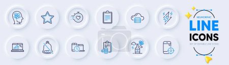 Illustration for Mute, Clipboard and Alcohol addiction line icons for web app. Pack of Seo phone, Time management, Star pictogram icons. Graph laptop, Lightning bolt, Stress signs. Accounting. Vector - Royalty Free Image