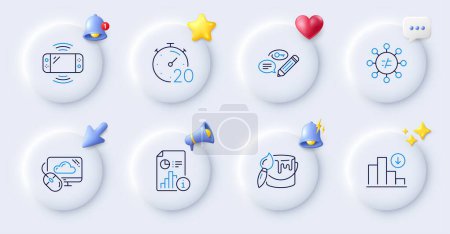 Illustration for Discrimination, Timer and Report line icons. Buttons with 3d bell, chat speech, cursor. Pack of Game console, Cloud computing, Brush icon. Decreasing graph, Keywords pictogram. Vector - Royalty Free Image