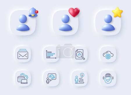 Illustration for Verified internet, Support and Mail line icons. Placeholder with 3d bell, star, heart. Pack of Lawyer, Horizontal chart, Analytics graph icon. Cloud computing, Software pictogram. Vector - Royalty Free Image