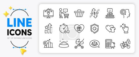 Illustration for Sun protection, Baby carriage and Buyer think line icons set for app include Touchscreen gesture, Romantic gift, Bicycle lockers outline thin icon. Euro rate, Calculator alarm. Vector - Royalty Free Image