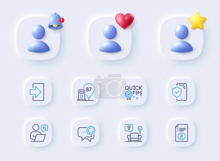 Illustration for Quick tips, Employees messenger and Login line icons. Placeholder with 3d bell, star, heart. Pack of Technical info, Phone insurance, Diesel station icon. Online discounts, Lounge pictogram. Vector - Royalty Free Image