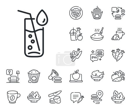 Illustration for Soda aqua drink sign. Crepe, sweet popcorn and salad outline icons. Water glass line icon. Drop symbol. Water glass line sign. Pasta spaghetti, fresh juice icon. Supply chain. Vector - Royalty Free Image