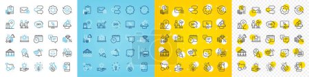 Illustration for Vector icons set of Tax document, Teamwork and Notification cart line icons pack for web with Inspect, 24h service, Hot loan outline icon. Calendar time, Loyalty program, Deflation pictogram. Vector - Royalty Free Image