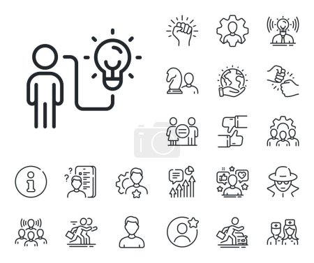 Illustration for Person with lightbulb sign. Specialist, doctor and job competition outline icons. Business idea line icon. Work process symbol. Business idea line sign. Avatar placeholder, spy headshot icon. Vector - Royalty Free Image