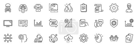 Illustration for Icons pack as Technical info, Chemical hazard and Package size line icons for app include Dot plot, Fire energy, Thiamine vitamin outline thin icon web set. Thunderstorm weather. Vector - Royalty Free Image