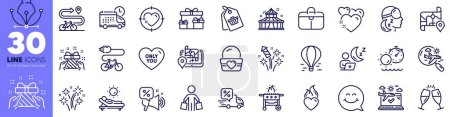 Illustration for Ice cream, Air balloon and Delivery line icons pack. Fireworks rocket, Buyer, Map web icon. Fireworks, Lounger, Discounts offer pictogram. Heart flame, Delivery discount, Gas grill. Gift. Vector - Royalty Free Image