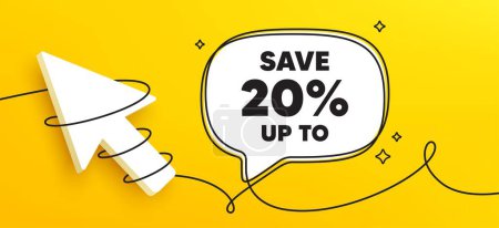 Illustration for Save up to 20 percent tag. Continuous line chat banner. Discount Sale offer price sign. Special offer symbol. Discount speech bubble message. Wrapped 3d cursor icon. Vector - Royalty Free Image