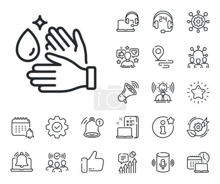 Illustration for Covid hygiene sign. Place location, technology and smart speaker outline icons. Wash hands line icon. Clean washing symbol. Wash hands line sign. Influencer, brand ambassador icon. Vector - Royalty Free Image