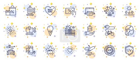 Illustration for Outline set of Puzzle, Shopping and Baggage size line icons for web app. Include Hotel, Nice girl, Calendar pictogram icons. Handbag size, Heart, Uv protection signs. Electric bike. Vector - Royalty Free Image