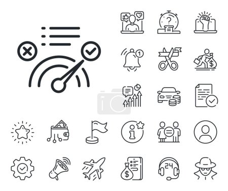 Illustration for Accepted or confirmed sign. Salaryman, gender equality and alert bell outline icons. Correct answer line icon. Approved symbol. Correct answer line sign. Spy or profile placeholder icon. Vector - Royalty Free Image