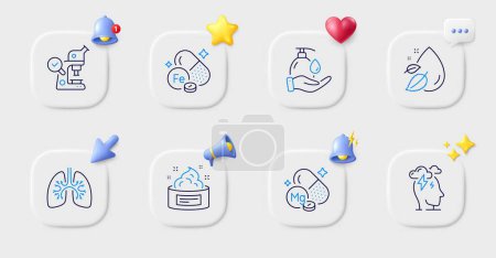 Illustration for Wash hands, Skin cream and Iron line icons. Buttons with 3d bell, chat speech, cursor. Pack of Lungs, Water drop, Stress icon. Magnesium mineral, Microscope pictogram. For web app, printing. Vector - Royalty Free Image
