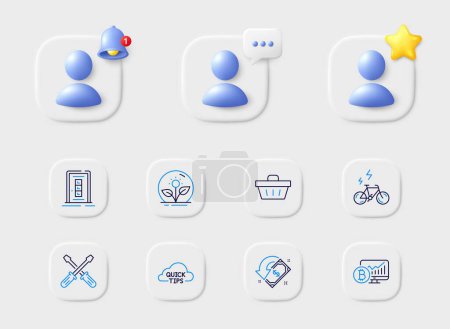 Illustration for Door, Incubator and Quick tips line icons. Placeholder with 3d star, reminder bell, chat. Pack of Cashback, Bitcoin chart, Shopping basket icon. E-bike, Screwdriverl pictogram. Vector - Royalty Free Image