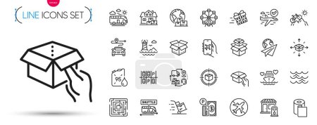 Illustration for Pack of Present delivery, Honeymoon cruise and Petrol canister line icons. Include Parcel delivery, Paper wallpaper, Lighthouse pictogram icons. Home moving, Shuttle bus, Paper plane signs. Vector - Royalty Free Image
