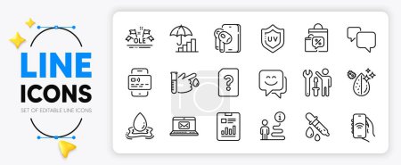 Illustration for Chemistry pipette, Report document and Speech bubble line icons set for app include Water splash, Support, Card outline thin icon. Dirty water, Smile face, Earphones pictogram icon. Vector - Royalty Free Image