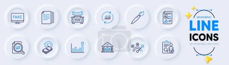 Illustration for Car, Brush and Check article line icons for web app. Pack of Report document, Update data, Inspect pictogram icons. Efficacy, Correct answer, Court building signs. Fake news, Cashback. Vector - Royalty Free Image