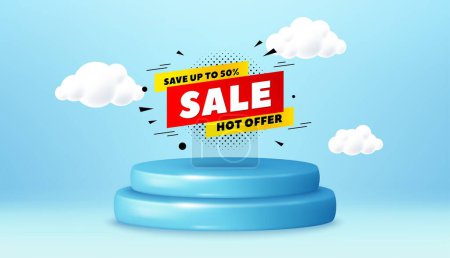 Illustration for Sale 50 percent off banner. Winner podium 3d base. Product offer pedestal. Discount sticker shape. Hot offer icon. Sale 50 percent promotion message. Background with 3d clouds. Vector - Royalty Free Image