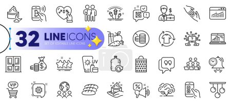 Illustration for Outline set of Door, Teamwork question and Time management line icons for web with Coins bag, Skin care, Survey thin icon. Genders, Mobile survey, Night cream pictogram icon. Vector - Royalty Free Image