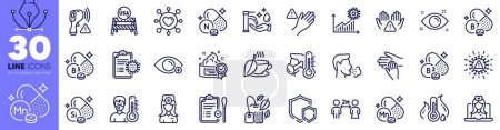 Illustration for Clean hands, Health eye and Electronic thermometer line icons pack. Coronavirus statistics, Biotin vitamin, Farsightedness web icon. Fever temperature, Dont touch, Washing hands pictogram. Vector - Royalty Free Image