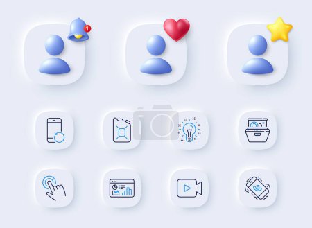 Illustration for Call center, Canister oil and Cursor line icons. Placeholder with 3d bell, star, heart. Pack of Idea, Seo statistics, Video camera icon. Dishwasher, Recovery phone pictogram. Vector - Royalty Free Image
