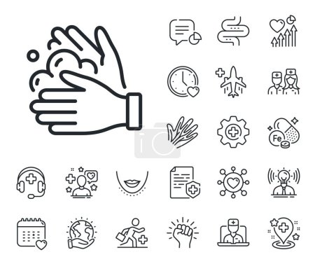 Illustration for Covid hygiene sign. Online doctor, patient and medicine outline icons. Wash hands line icon. Clean washing symbol. Wash hands line sign. Veins, nerves and cosmetic procedure icon. Intestine. Vector - Royalty Free Image