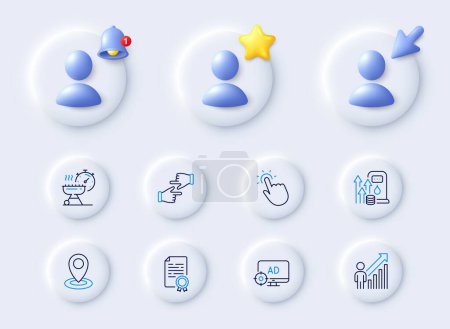 Illustration for Click hands, Seo adblock and Fuel price line icons. Placeholder with 3d cursor, bell, star. Pack of Employee result, Location, Certificate diploma icon. Grill time, Touchpoint pictogram. Vector - Royalty Free Image