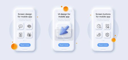 Illustration for Timer, Smile and Bike line icons pack. 3d phone mockups with cursor. Glass smartphone screen. Reject protection, Fish, Technical info web icon. Balloon dart, Stress grows pictogram. Vector - Royalty Free Image