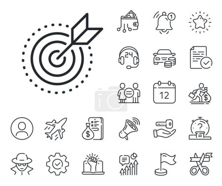 Illustration for Stratery goal sign. Salaryman, gender equality and alert bell outline icons. Target purpose line icon. Core value symbol. Target purpose line sign. Spy or profile placeholder icon. Vector - Royalty Free Image