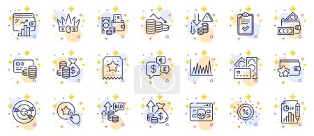 Illustration for Outline set of Card, Loyalty star and Coins bag line icons for web app. Include Discount, Deflation, Loyalty ticket pictogram icons. Crown, Line graph, Report document signs. Wallet. Vector - Royalty Free Image