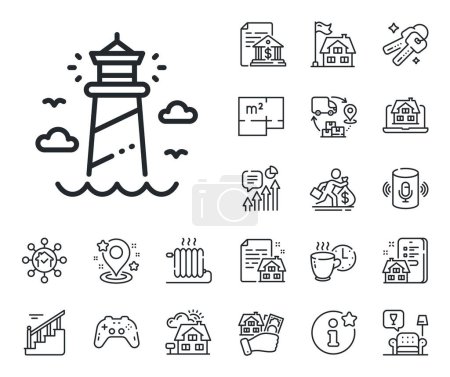 Illustration for Beacon tower sign. Floor plan, stairs and lounge room outline icons. Lighthouse line icon. Searchlight building symbol. Lighthouse line sign. House mortgage, sell building icon. Real estate. Vector - Royalty Free Image